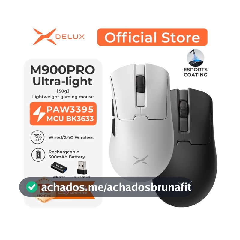 DELUX M900 Pro Ultra-Light 50g Mouse Gamer Sem Fio 8K – PAW3395, BK3633, Ice Coating, 500mAh