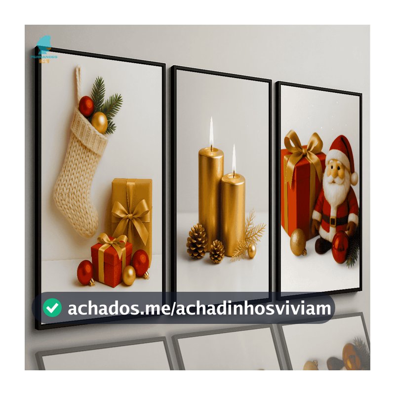Quadros Decorativos 3 Peças Natal Velas Douradas Papai Noel e Presentes Luxo Sala