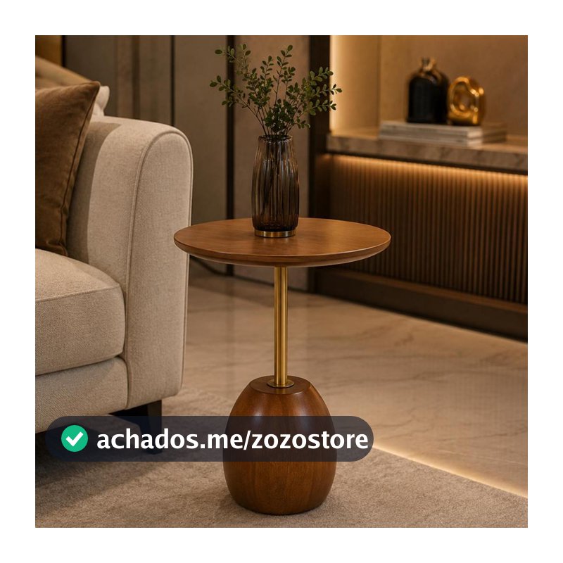 Mesa Lateral Madeira Maciça com Haste Dourada e Tampo Redondo 40cm Design Moderno  Mesa de Apoio Redonda Madeira Maciça