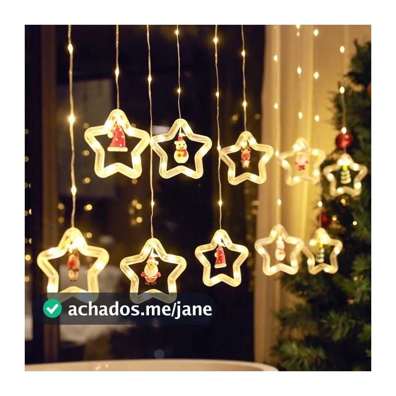 Decoração Cascata Natal Com Pisca Pisca Led Estrela Lua Papai Noel Neve Luz Branco Quente Sacada BIVOLT -O1