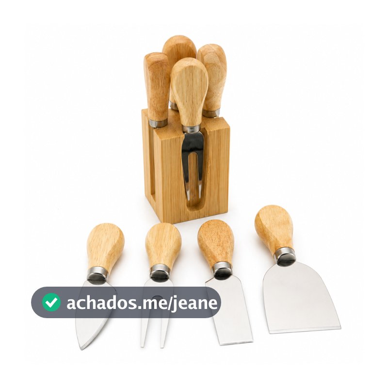 Kit para Queijo - Cortadores, Garfo e Suporte - Aço Inox com Cabo de Madeira Bambu