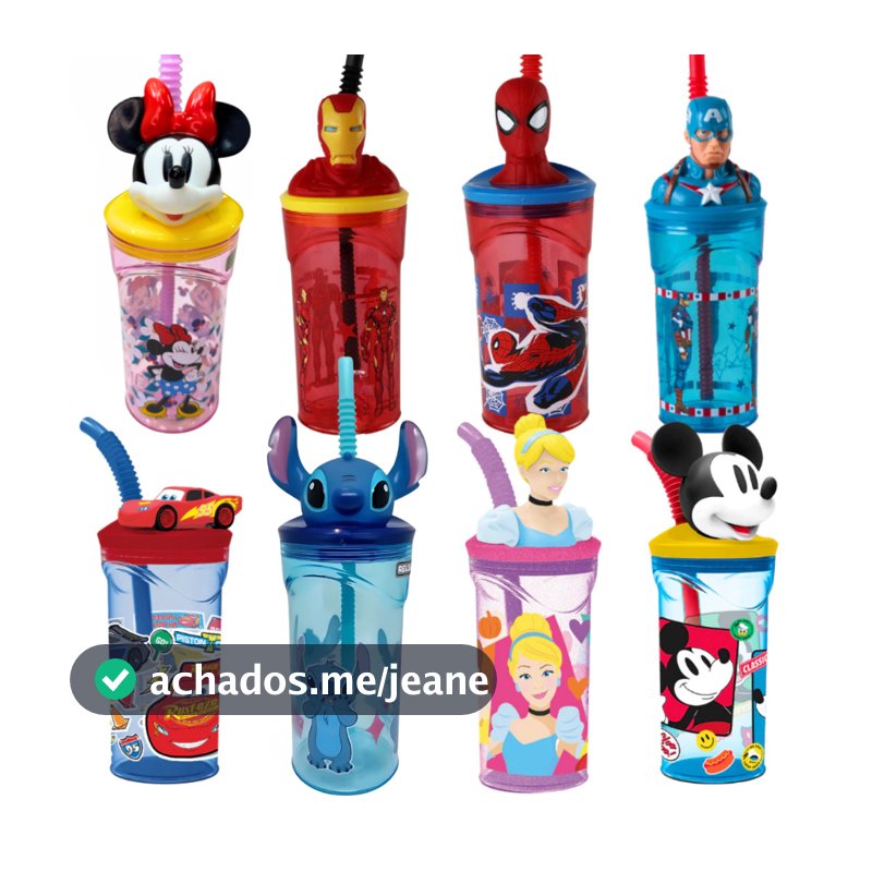 Copo Infantil Disney 3D 360ml Carros, Aranha, Mickey, Minnie, Hulk, Ferro, America, Princesa, Stitch
