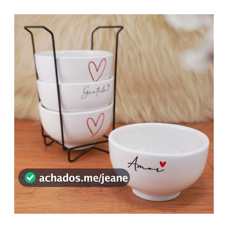 Kit Jogo 4  Bowl Tigelas Porcelana Cumbuca Sopa Açaí 350ml Decorada Amor Gratidão + Suporte