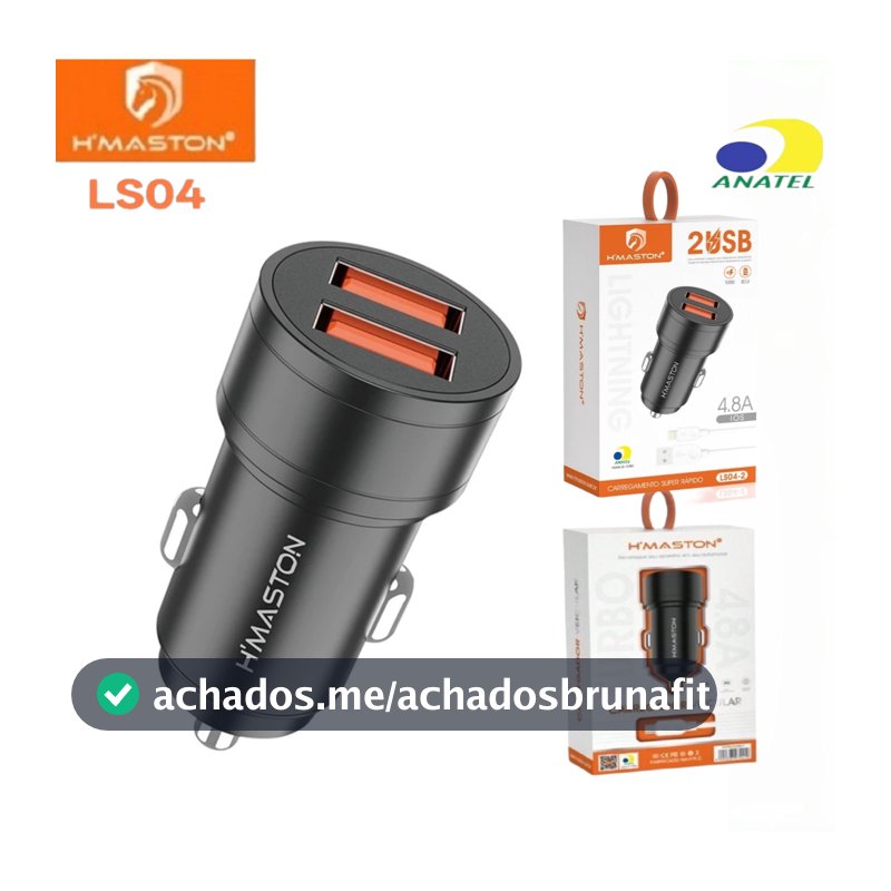 Carregador Veicular para Celular Turbo 2 Saídas USB 4.8A Carga Rápida com Cabo H'maston LS04