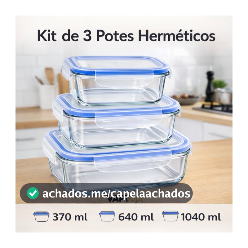 Kit 3 Potes Vidro Com Tampa Herméticos Alta Vedação 370ml 640ml 1040ml Armazenar Comidas Fitnnes