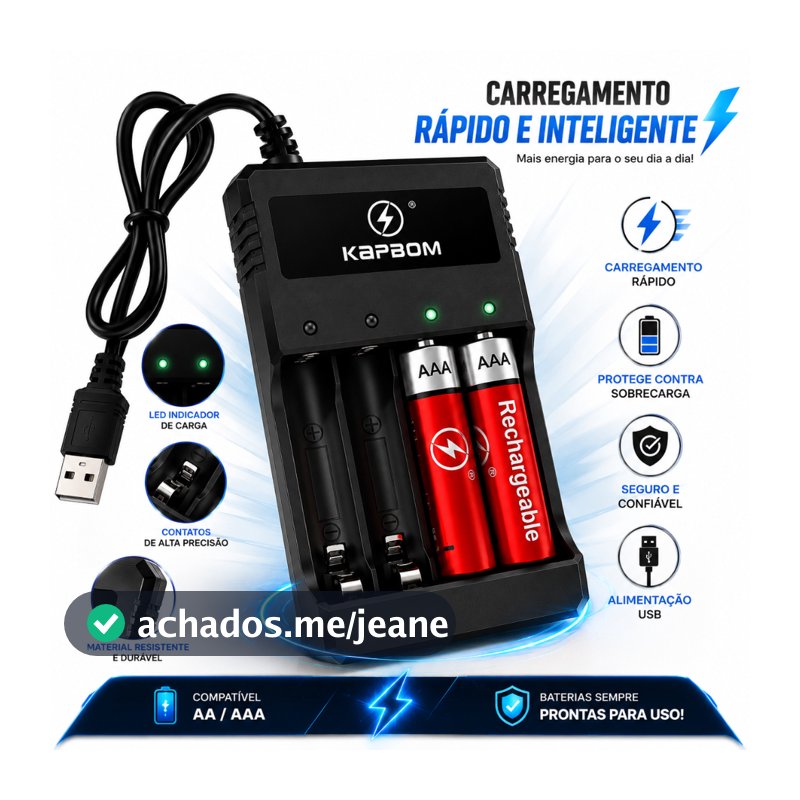 Carregador de Pilhas Bivolt USB + Pilhas Palito AAA e AA Original Kapbom