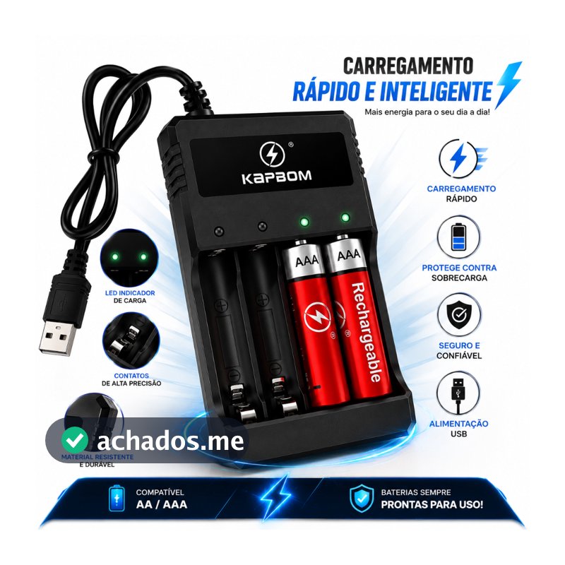 Carregador de Pilhas Bivolt USB + Pilhas Palito AAA e AA Original Kapbom