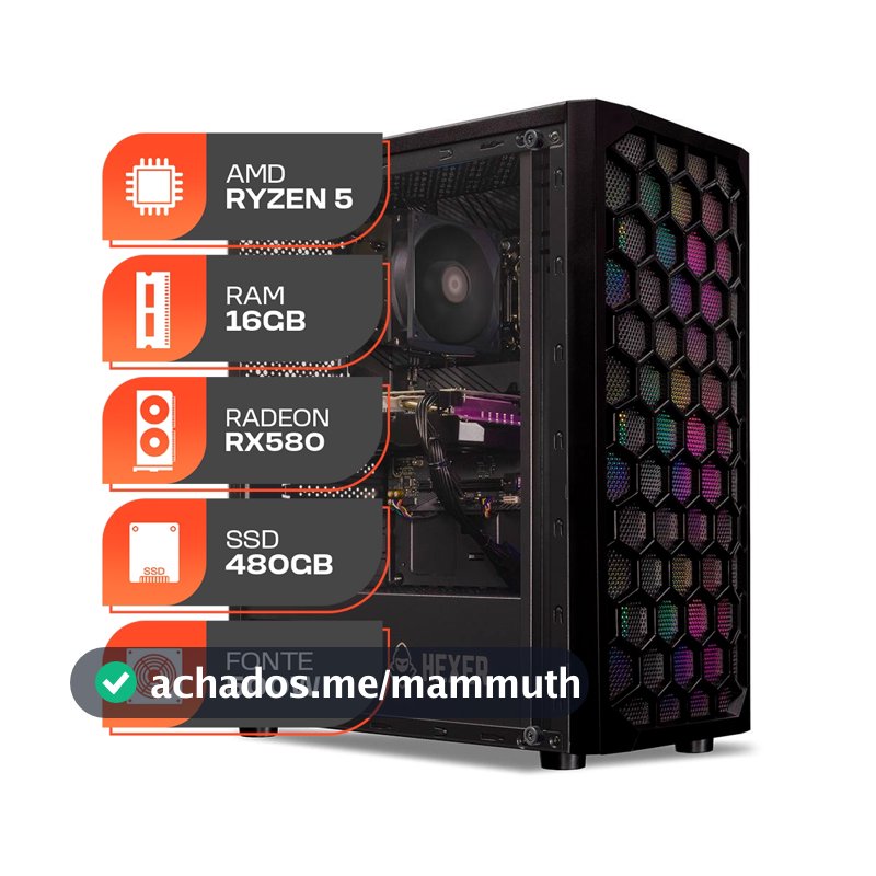 PC Gamer Forge, AMD Ryzen 5 5500, Radeon RX 580 8GB, 16GB DDR4, SSD 480GB, Fonte 500W 80 Plus
