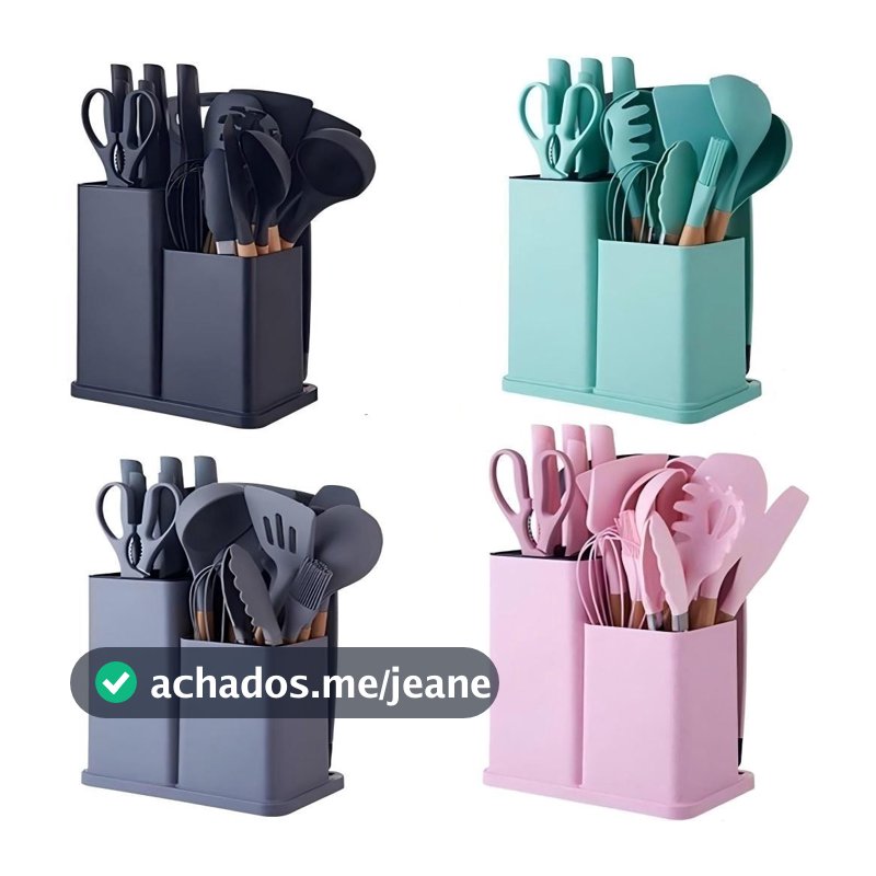 Kit Conjunto 19 Pçs De Utensílios Facas Silicone e Plástico Cozinha Jogo Completo Batedeira Colher Pegador