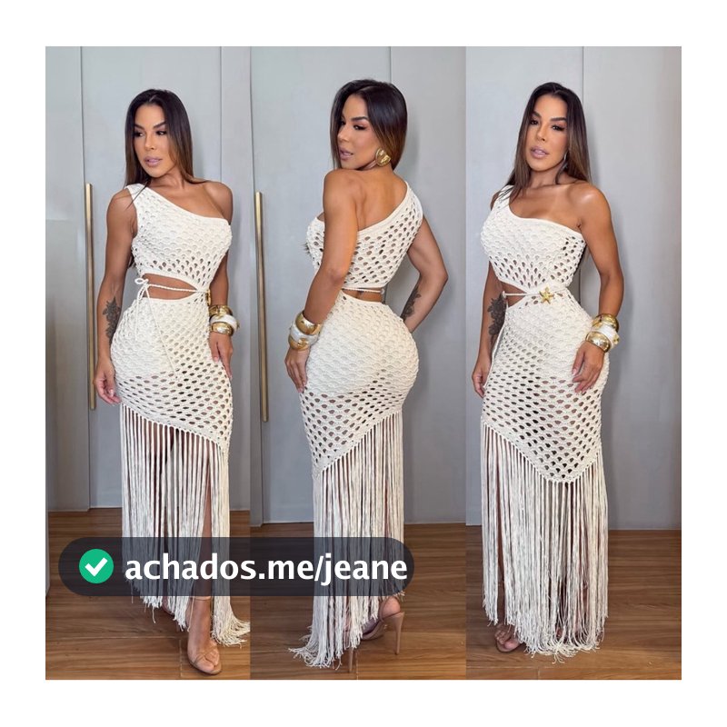 vestido sereia com calda de franjas branco /off whiter Um Ombro Só (Crochê vazado com franjas)