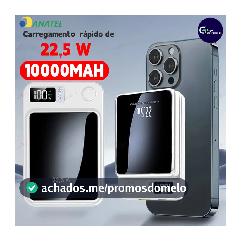 Carregador Externo Portátil 10000mAh com MagSafe e Tela, Recarga por Indução para Celulares iPhone e Android