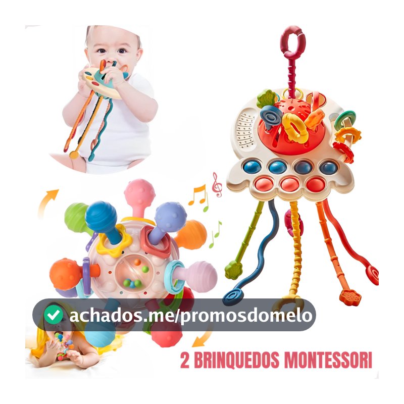 Chocalhos Mordedor Kit 2 Brinquedos Montessori Sensorial Bebê Macio Infantil Com Texturas Educativo