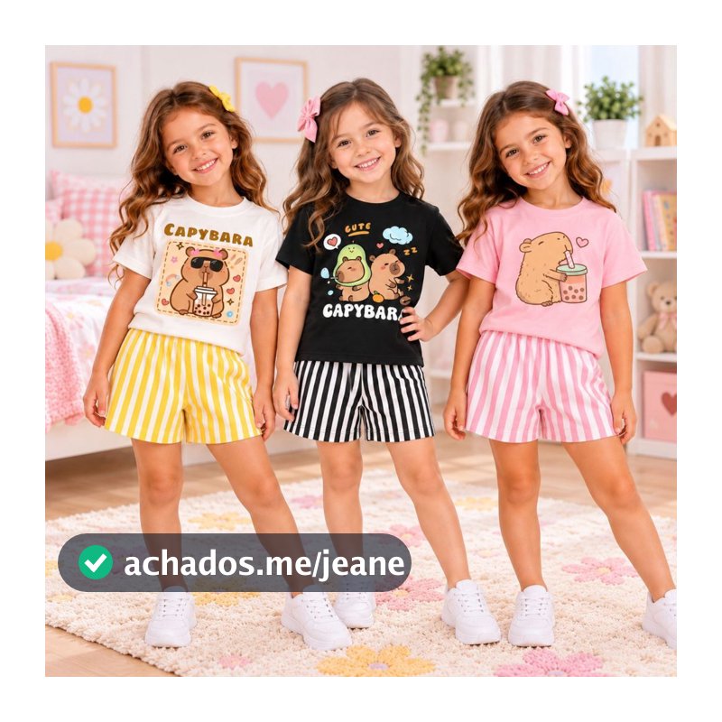 Conjunto Infantil Blogueira Camiseta Menina Capybara Blusinha Estampada Shorts Minimalista Baratinho