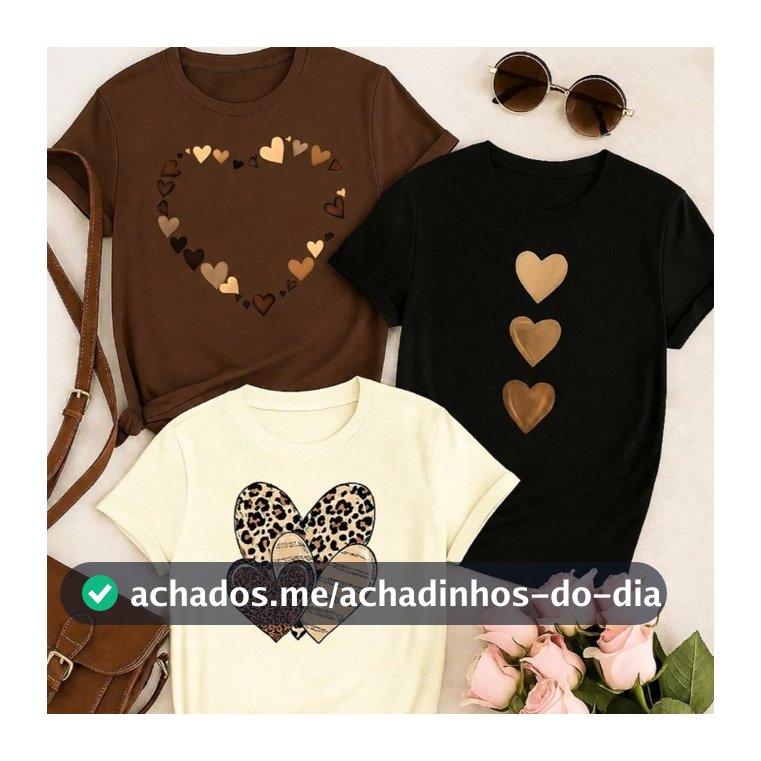 Kit 3 Camisetas Femininas Estampadas Coração Casual Blusas T-Shirt Algodão Moda Blogueira Looks Dia a Dia