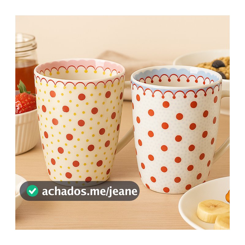 Caneca Cerâmica Branca com Poá Vermelho 300ml