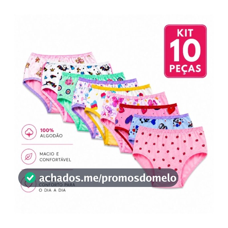 Kit 10 Calcinhas Infantis Estampadas 100% Algodão com Forro de Algodão Cores Sortidas