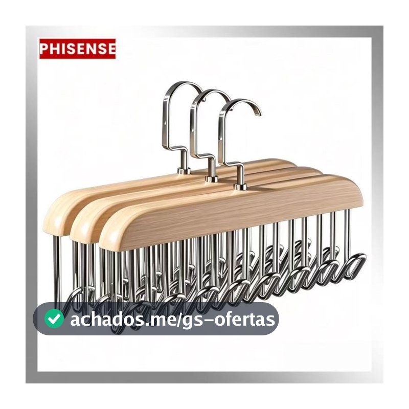 Kit 3 Cabides De Madeira Organizador Para Cintos Gravatas Colares Cachecóis E Sutiãs Com 8 Ganchos