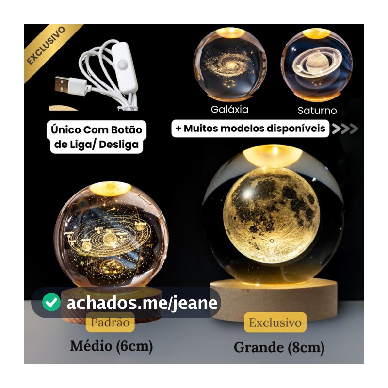 Luminária Bola de Cristal Led Mesa Globo Vidro 3d Base Madeira Decoração Abajur Presente Quarto Lua
