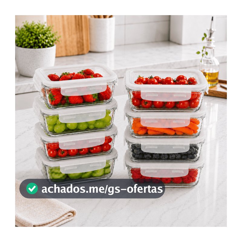 Kit Conjunto 8 Potes de Vidro Hermético 640ml Marmitinha Fit Tampa com 4 Travas AntiVazamento