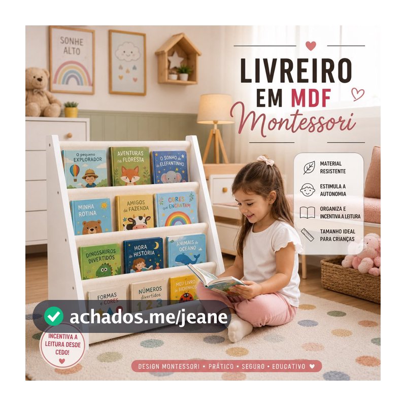 Estante Montessori Infantil em MDF Branco Organizador de Livros Livreiro Rack Estimula a Leitura
