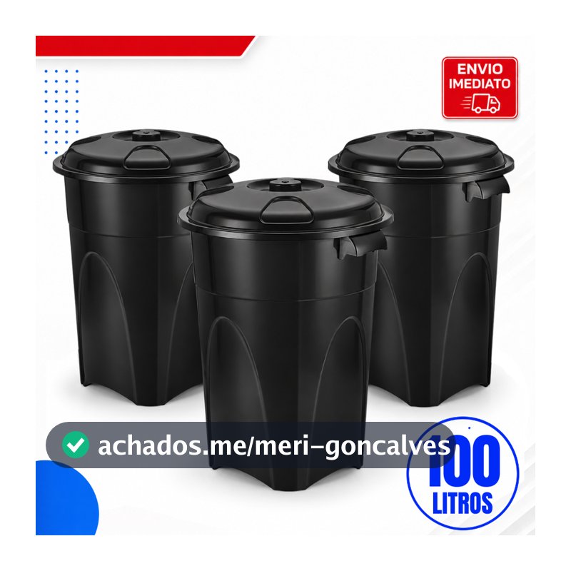 Kit Até 3 Cestos De Lixeira 100 Litros Cestão Preto De Plástico Reforçado