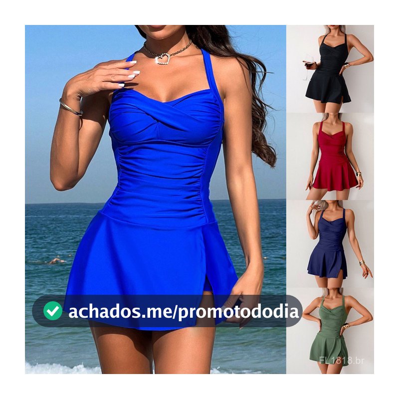 Maiô de praia feminino com saia acolchoada luxuosa, estilo short boxer de cor sólida, design de peça única com amarração
