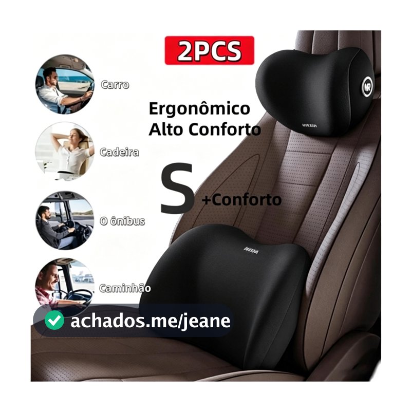 Almofada Cabeça e Lombar para Carro – Conjunto Veicular, Apoio Banco Espuma de Memória