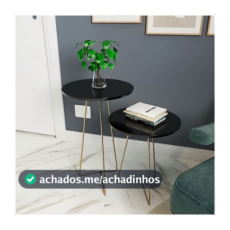 Kit 2 Mesas Laterais Redondas Pés Tripé Ferro Dourado Mesa de Apoio Sala Quarto Hall de Entrada