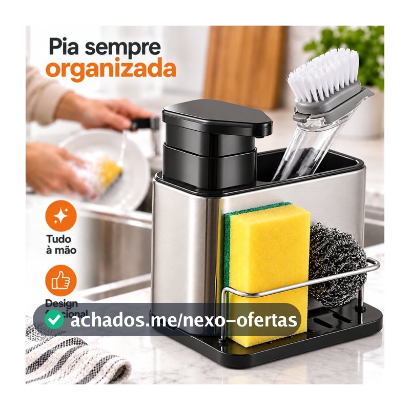 Organizador de Pia Aço Inox com Dispenser de Detergente Porta Esponja Escova