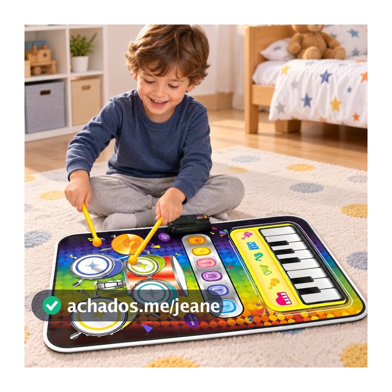 Tapete Musical Infantil 2 em 1 Piano e Bateria 80x50cm com Baquetas Sons e Músicas Brinquedo Educativo