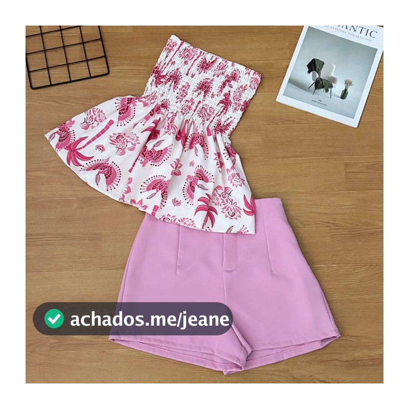 Conjunto feminino de duas peças, blusa estampada sem alças e shorts lisos, roupa casual de verão
