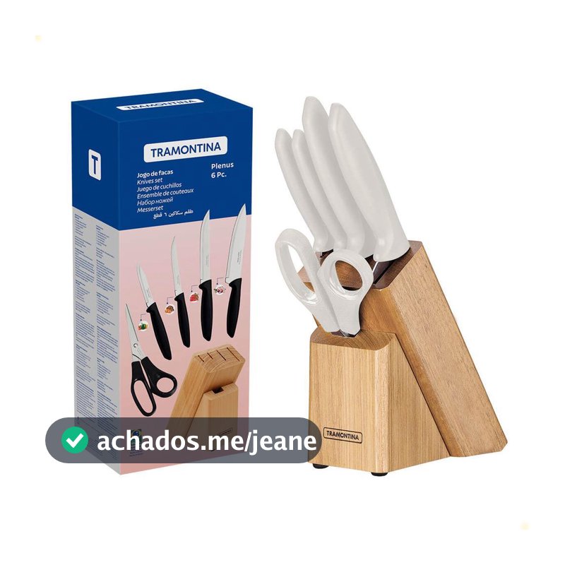 Jogo de Facas Tramontina Plenus Lâminas Aço Inox Cabos Polipropileno Off White e Suporte de Madeira 6 Peças     23498315