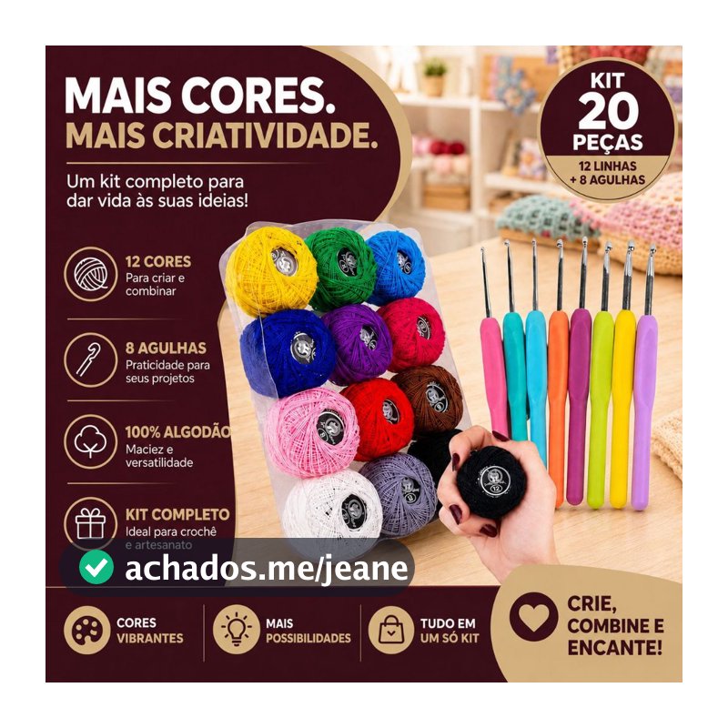 Kit Crochê Completo 12 Linhas Coloridas 100% Algodão + 8 Agulhas Ergonômicas Amigurumi Iniciante -BC