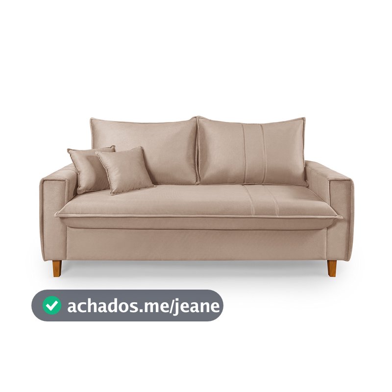 Sofá Living com Bau Multiuso 3 Lugares Suede Pés em Madeira