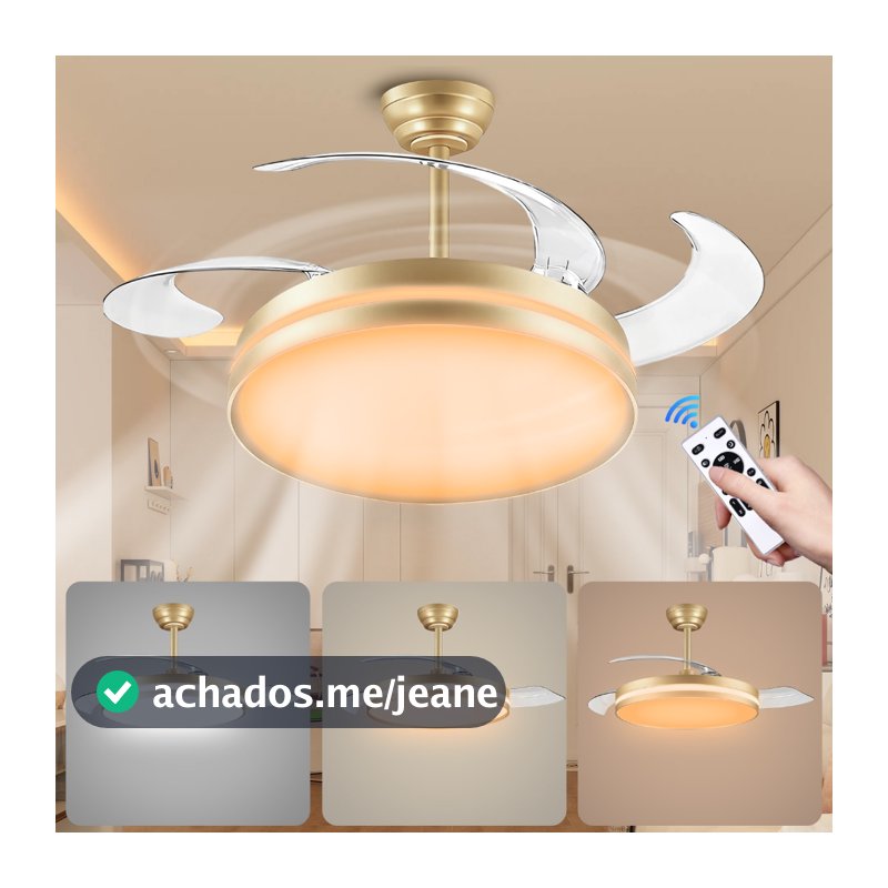 Ventilador de Teto LED Retrátil 42” Silencioso com Controle Remoto – Luz Tricolor para Sala e Quarto --Bivolt 127/220V