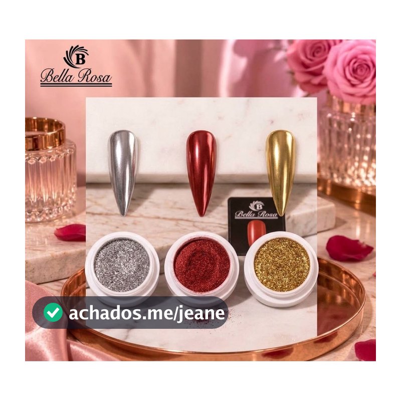 Kit pó cromado dourado, prateado e vermelho decoração para nail designer, unhas, acrigel, encapsuladas