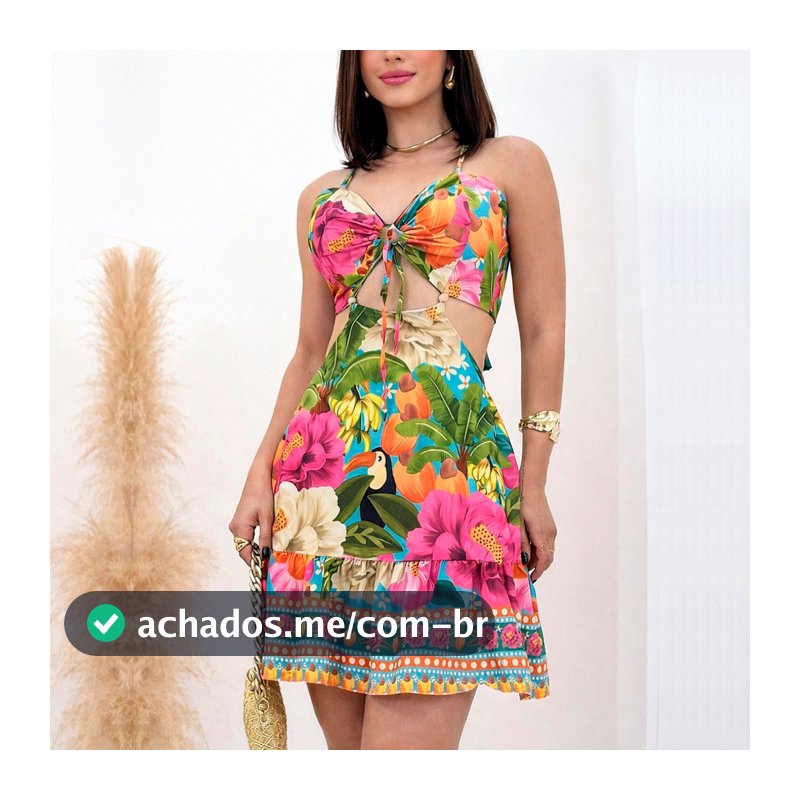 Vestido Curto Feminino Floral Tropical Decote com Amarração Verão Elegante