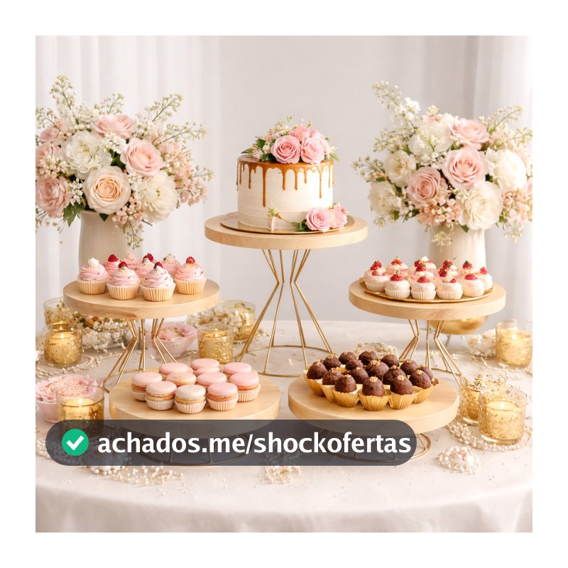Kit Boleiras Decorativas Madeira com Base Dourada Suporte para Doces Festa Luxo Mesa Posta Aniversario