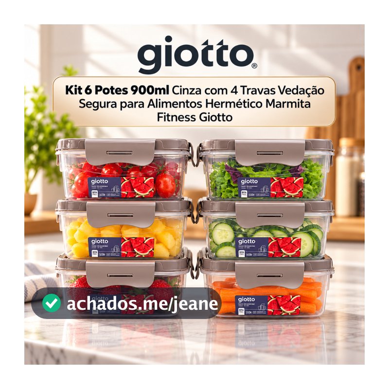 Kit 6 Potes 900ml Cinza com 4 Travas Vedação Segura para Alimentos Hermético Marmita Fitness Giotto