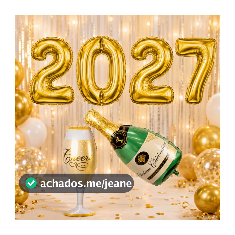 Kit Balão Numero Metalizado Ano Novo 2027 + Taça + Champagne Garrafa