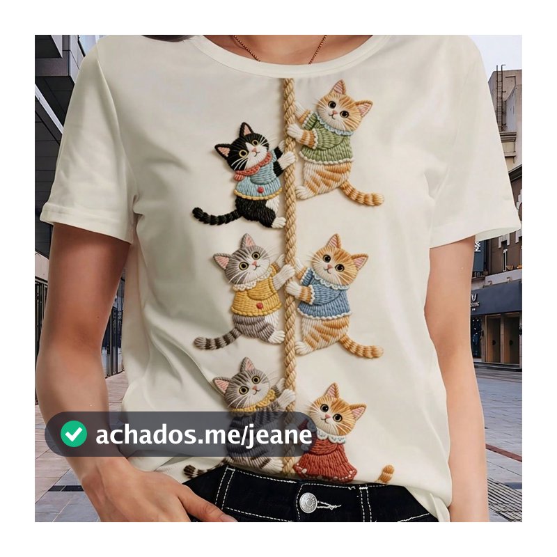 Camiseta Blusa Feminina Manga Curta Estampa De GATINHO FOFO Subindo Corda Animal Lançamento