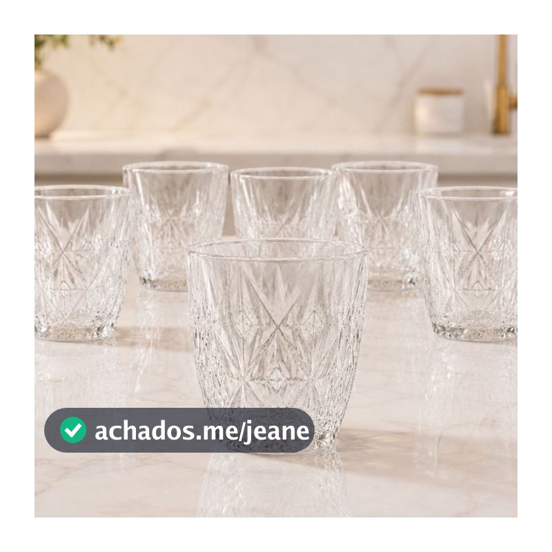 Jogo 6 Copos Baixos Diamond 300ml Vidro Grosso Diamante Luxo