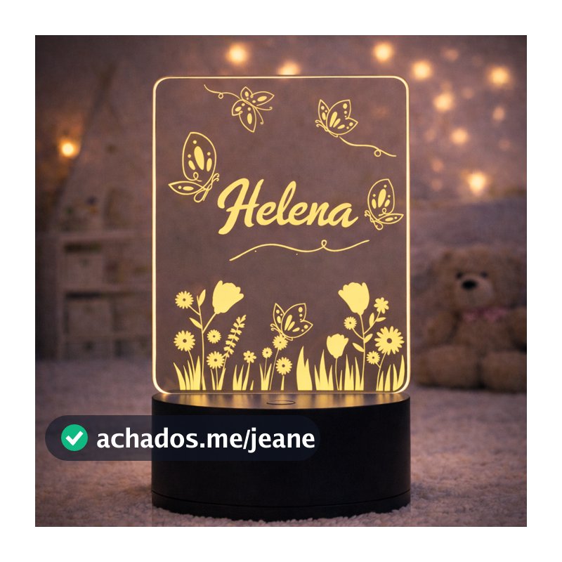 Luminária Acrílica LED Personalizada Infantil - Tema Flores e Borboletas com Nome