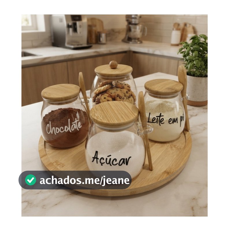 KIT 5 PEÇAS POTES PERSONALIZADOS E BANDEJA GIRATÓRIA DE BAMBU