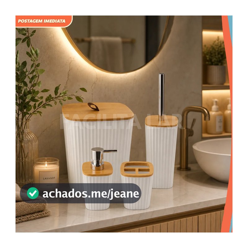 Conjunto de Banheiro Moderno 4 peças com Tampa de Bambu – Organizador Decorativo Elegante Branco ou Preto