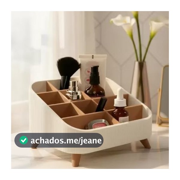 Organizador de Maquiagem com Divisórias Penteadeira Porta Pincel Batom Skincare Pés Madeira Bege Branco Preto