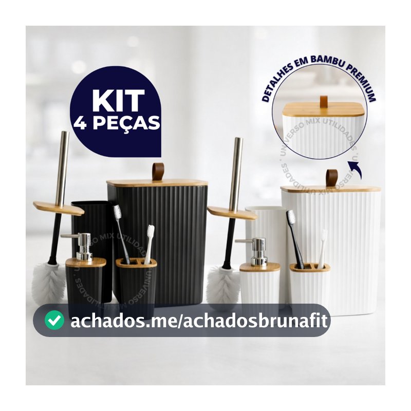 Kit 4 Peças Banheiro Luxo Quadrado Lixeira C/Tampa em Bambu e Puxador de Couro