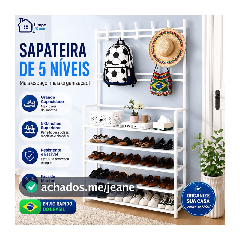Sapateira de cinco camadas com ganchos -usado para pendurar chapéus, bolsas e guardar sapatos.