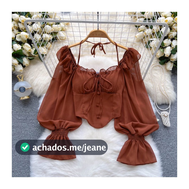 Moda Feminina Vintage Simples Manga De Bolha Tops Summer Square Neck Slim Curto Chiffon Sexy Camiseta Longa