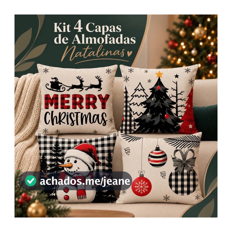 Kit 4 Capas Almofada Digital Decorativa De Natal 43x43 Cm